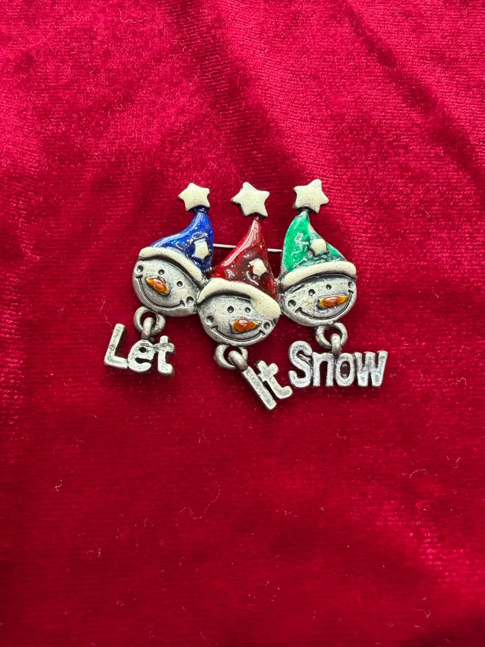 Vintage Silver tone enamel "Let It Snow" Christmas snowman family brooch